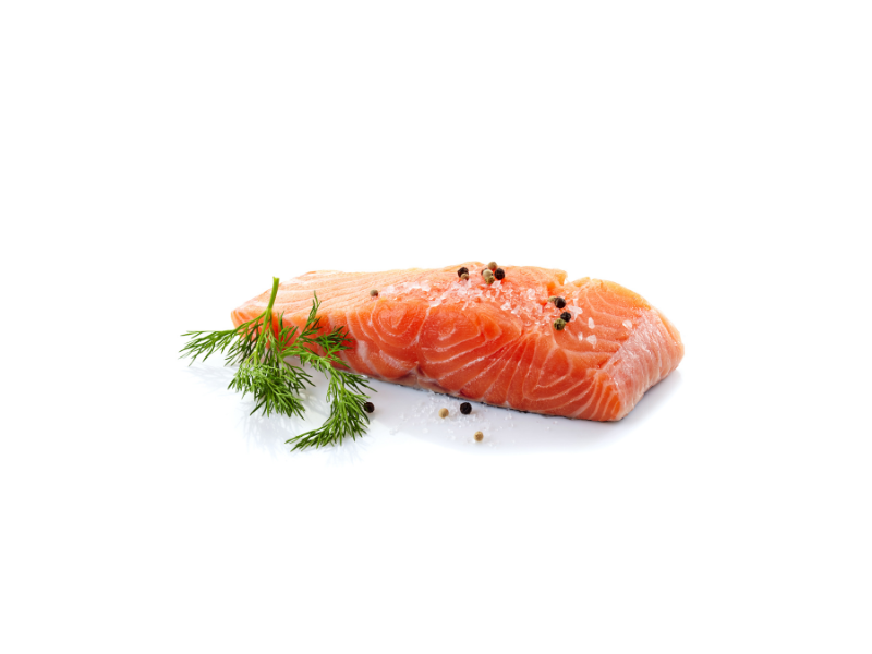Life Extension, piece of fresh salmon with herb and black pepper garnish 